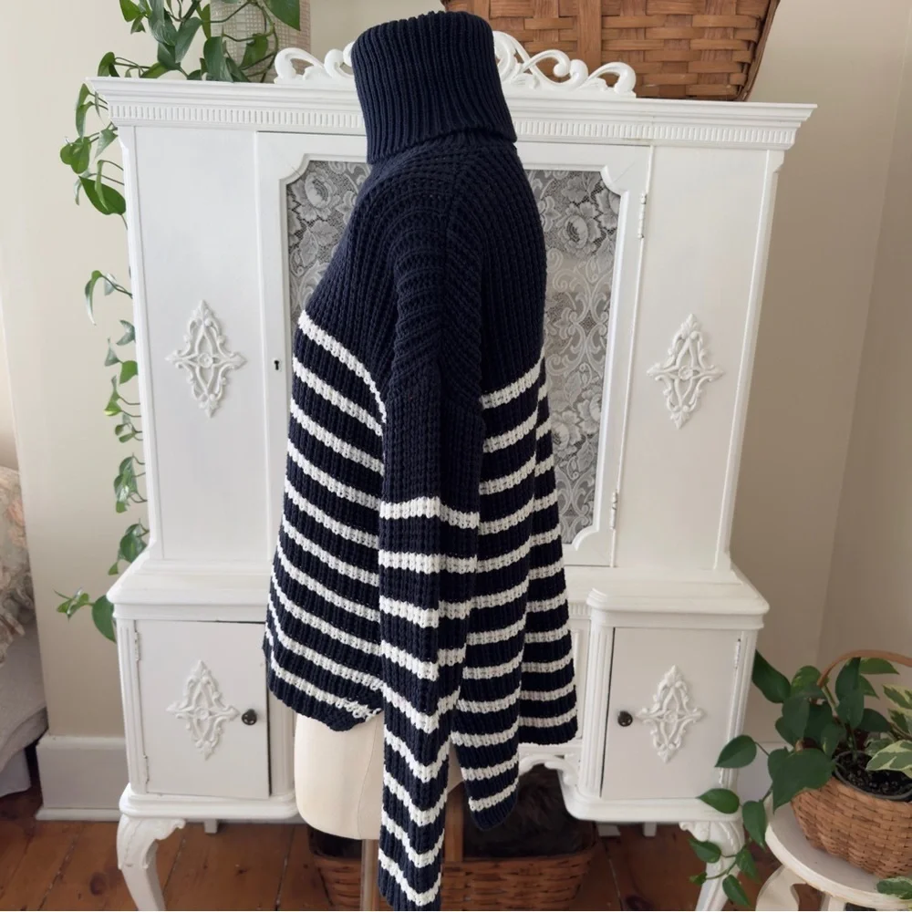 Faithfull The Brand Erika Navy and White Striped Cotton Turtleneck Sweater